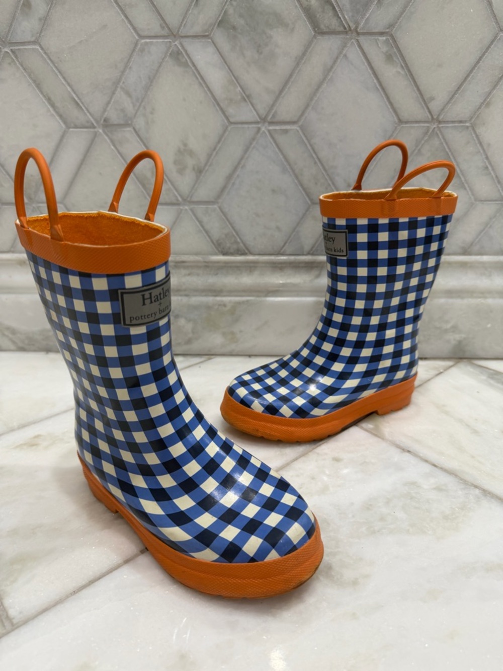 Size 12 Toddler Hatley + Pottery Barn Kids Blue / White Gingham Rain Boots